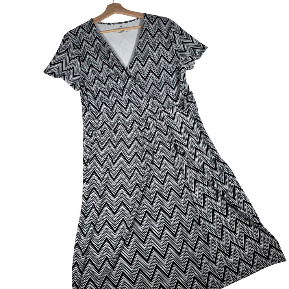 Talbots Black White Chevron Faux Wrap Dress Short Sleeve Large | Career Mod